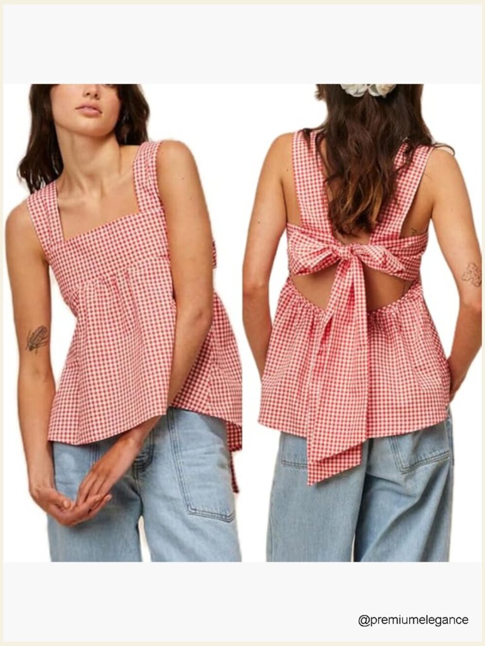 Gingham Babydoll Tank Top Sleeveless Square Neck Tie Back Cami Y2K Peplum